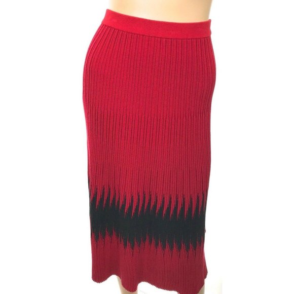 Tomas Maier Red Ribbed Knit Midi Skirt Size 2 Black Panel Pull On MSRP $1100
